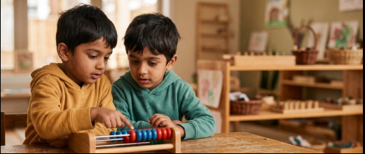 Playgroup children with abacus and sensory materials